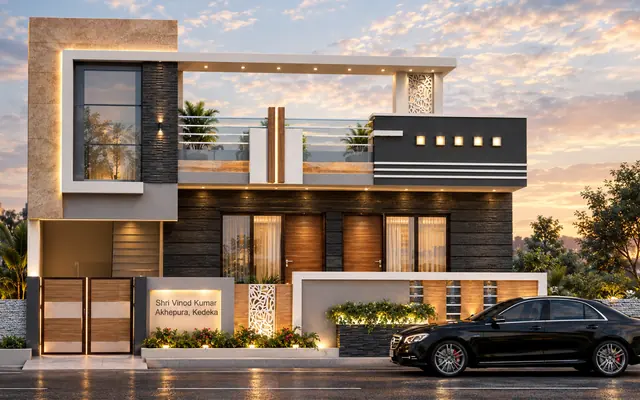 Modern house front elevation 3D render
