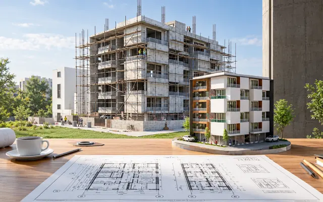 Residential tower exterior 3D visualisation with plans