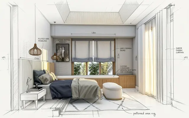 Bedroom interior, sketch-to-render 3D visualisation