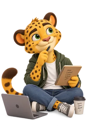 TriXX — The Daydreamer pose, sitting with a laptop and a notebook of ideas