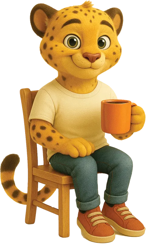 TriXX, the thirDimension studio mascot, sitting with a cup of coffee