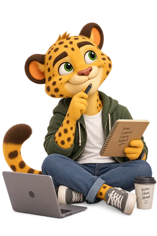 TriXX, the thirDimension studio mascot, sitting with a laptop and a notebook of ideas