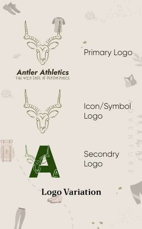 Antler Athletics logo variations: primary logo, icon and secondary monogram