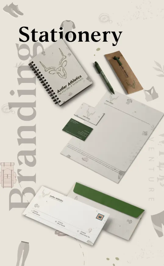 Antler Athletics stationery: notebook, pen, business cards, letterhead and envelope