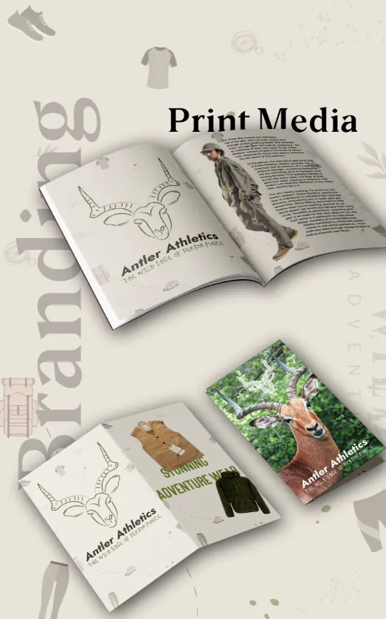 Antler Athletics print media: magazine spread and brochures