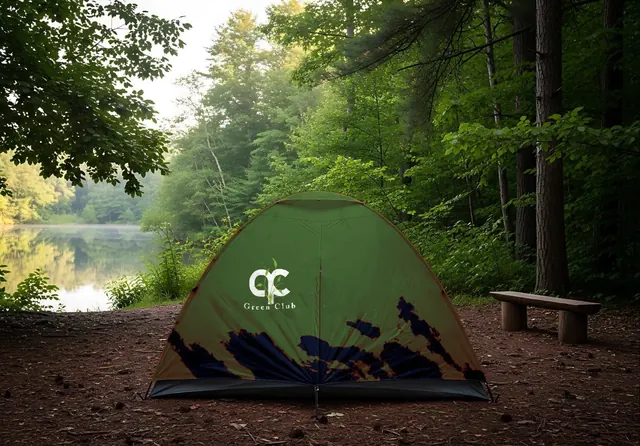 Green Club logo on a camping tent by a forest lake