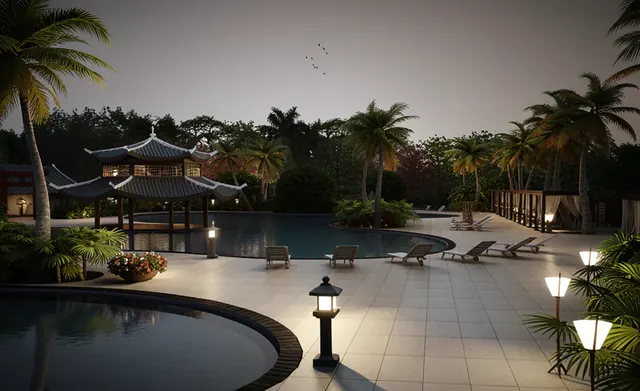 Night 3D render of the pool deck with lanterns