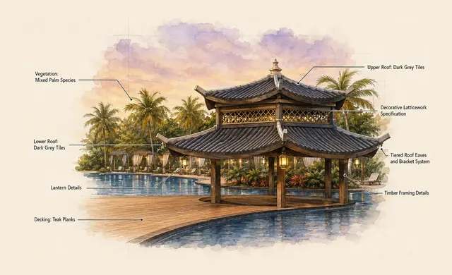 Annotated watercolour specification board of the pagoda gazebo